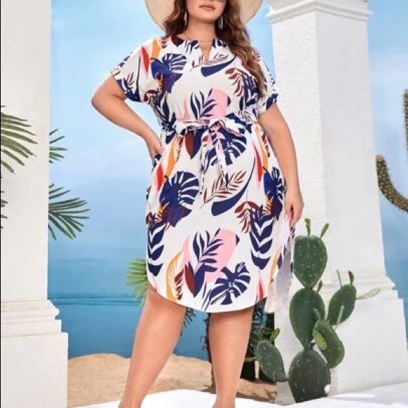 Casual Notched Neck Leaf Print Belted Dress - dress - Picture 7 of 9